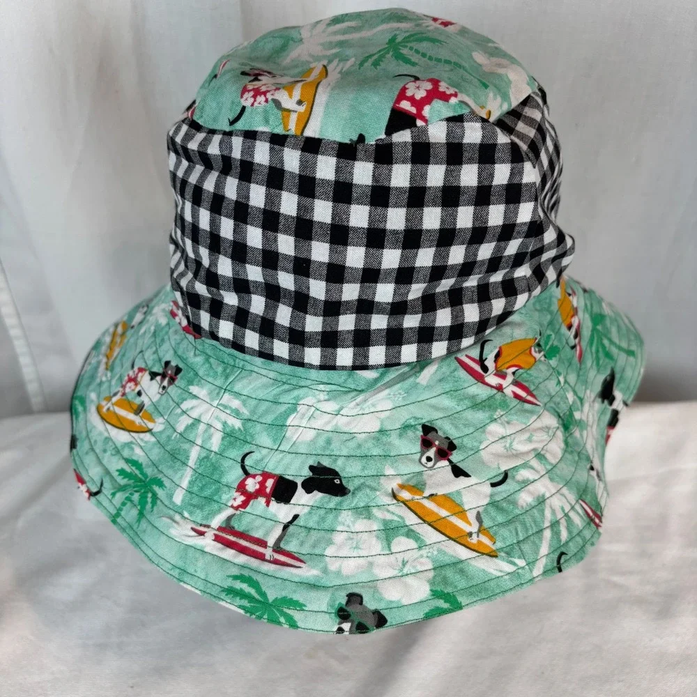 Kids Reversible Bucket Hat Patriotic Americana Surfing Dogs Sun Hat 19 Inch